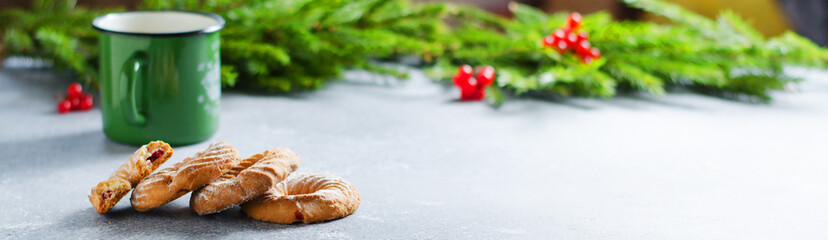 Christmas cookies on the table. Horizontal photo. Copy space