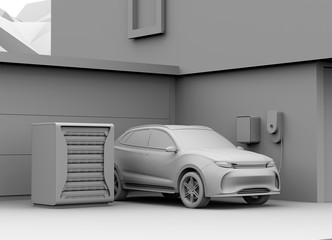 Clay rendering of electric vehicle recharging in garage. Charging station powered by reused EV batteries. 3D rendering image.