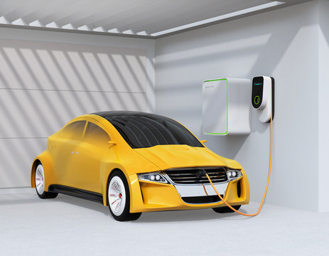 Yellow electric vehicle recharging in garage. 3D rendering image.