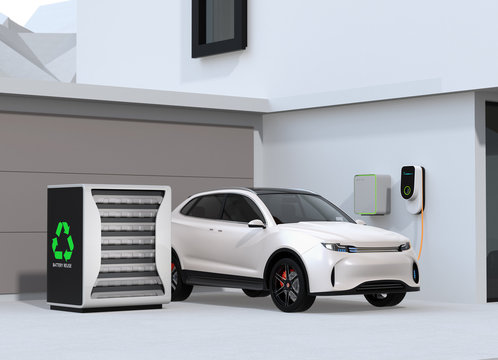 Electric vehicle recharging in garage. Charging station powered by reused EV batteries. 3D rendering image.