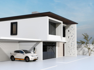 White electric SUV recharging in garage. 3D rendering image.