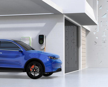 Blue electric SUV recharging in garage. 3D rendering image.