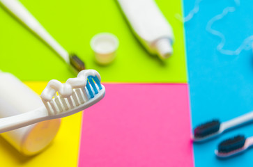 Taking care of teeth, dental concept on color background