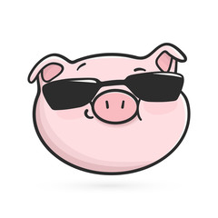 Cool emoticon icon. Emoji pig is wearing a black sunglasses.