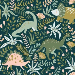  Hand drawn seamless pattern with dinosaurs and tropical leaves and flowers. Perfect for kids fabric, textile, nursery wallpaper. Cute dino design. Vector illustration. © Utro na more