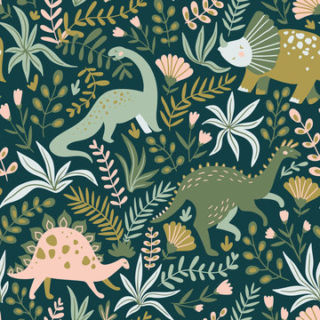 Hand drawn seamless pattern with dinosaurs and tropical leaves and flowers. Perfect for kids fabric, textile, nursery wallpaper. Cute dino design. Vector illustration. © Utro na more
