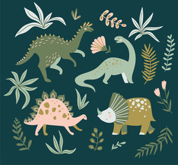 Hand drawn dinosaurs,  tropical leaves and flowers. Cute dino design elements. Vector illustration.