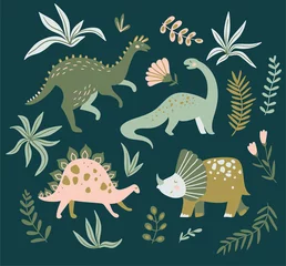 Fototapete Unter dem Meer Handgezeichnete Dinosaurier, tropische Blätter und Blumen. Niedliche Dino-Designelemente. Vektor-Illustration.