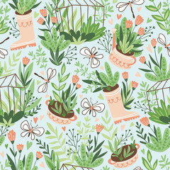 Cute vector seasonal seamless pattern. Growing flowers and plants in the greenhouse. Spring endless garden background. Happy gardening.