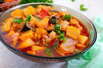 Delicious vegetable stew in a glass bowl. A popular dish of many countries of the world. Vegetarian menu