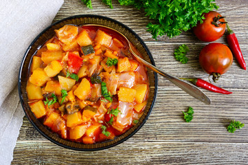 Delicious vegetable stew in a glass bowl. A popular dish of many countries of the world. Vegetarian menu