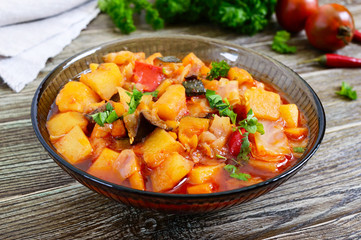 Delicious vegetable stew in a glass bowl. A popular dish of many countries of the world. Vegetarian...