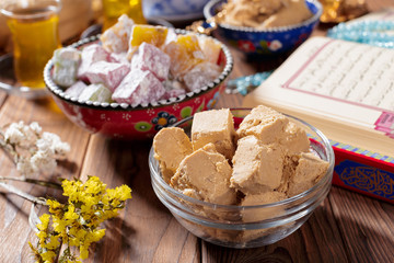 Tasty halva with tea on the table