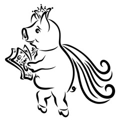 Cheerful running prince-piglet with money in a paw