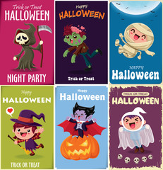 Vintage Halloween poster design with vector vampire, mummy, witch, zombie, bat, ghost, demon, Jack O Lantern, reaper, monster character.  