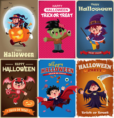 Vintage Halloween poster design with vector vampire, witch, zombie, bat, ghost, demon, Jack O Lantern, reaper, monster character.  