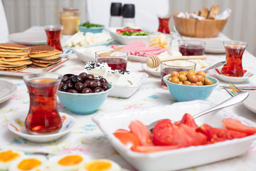 Breakfast - Traditional Turkish breakfast with tea ..