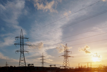 Fototapeta premium distribution electric substation with power lines and transformers.