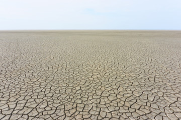 Desolate landscape with cracked ground at the seashore. Brown, beige, light tan and grey colored. Concept of global warming.