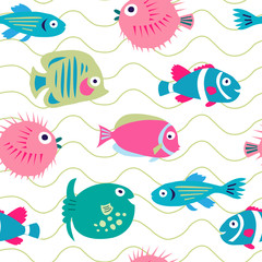 Naklejka premium Cute seamless pattern with funny coral fish