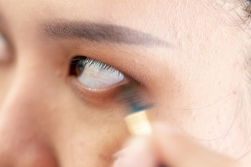 Backgrounds of Cosmetic makeup set on table, Makeup artist applies woman face Beautiful.