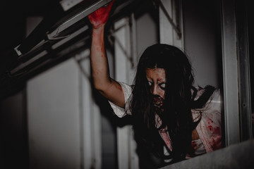 Portrait of asian woman make up ghost face with blood,Horror scene,Scary background,Halloween poster,Thailand people