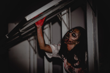 Portrait of asian woman make up ghost face with blood,Horror scene,Scary background,Halloween...