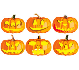 Set of six pumpkins for Halloween, objects isolated on white background