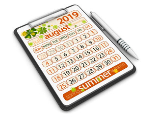 Clipboard with august 2019. Image with clipping path
