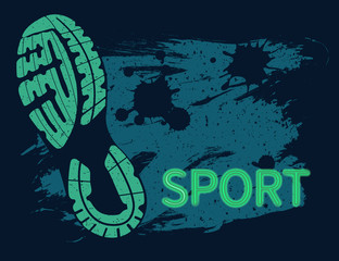 Lettering composition with the imprint sole of a sports shoe and grunge patterns isolated on color background.
 Best for sports team emblem, banner, print design for t-shirt.