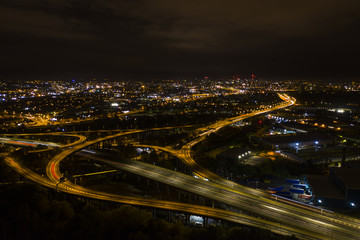 Fototapeta na wymiar UK Motorway traffic night aerial shot.