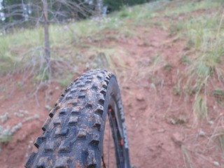 Fototapeta na wymiar mountain bike wheel in the dirt