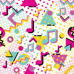 Colorful abstract 80s style seamless pattern with musical notes