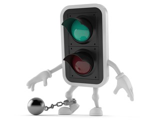Green traffic light character with prison ball