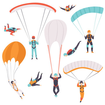 Skydiving men falling through the air with parachutes set, extreme sport, leisure activity concept vector Illustration on a white background
