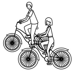 young couple in bicycle characters