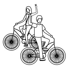 young couple in bicycle characters