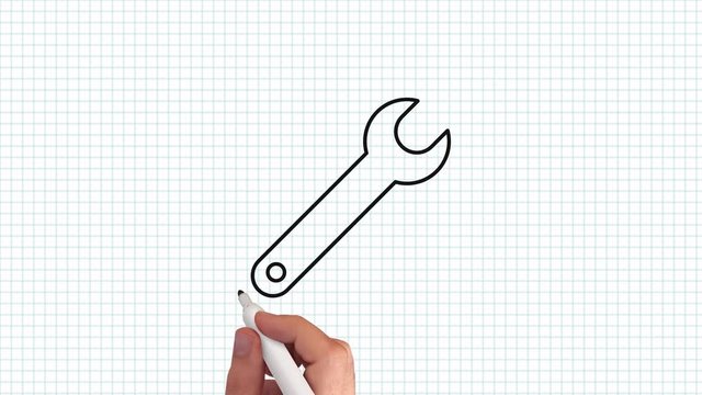 Schraubenschlüssel – Whiteboard Animation auf kariertem Blatt Papier
