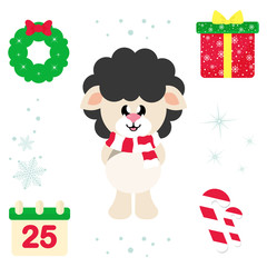 cartoon cute sheep black with scarf christmas elements illustration vector