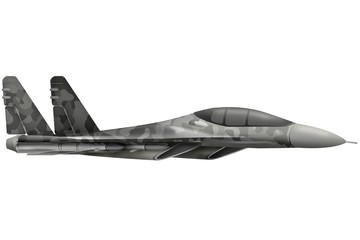 Fototapeta na wymiar fighter, interceptor flying with grey camouflage with fictional design - isolated object on white background. 3d illustration
