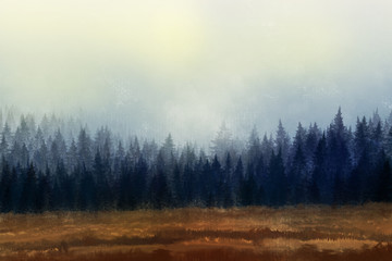 Trees in morning fog. Digital painting..