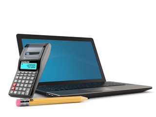 Laptop with calculator and pencil