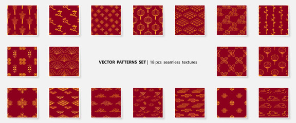 Asian patterns set. Kabuki. Japanese doodle backgrounds collection. Kabuki theatre elements. Kimono ornament. Asia culture symbols. Chinise sketches. Fashion. China. Japan. Vector fabric design. © ADELART