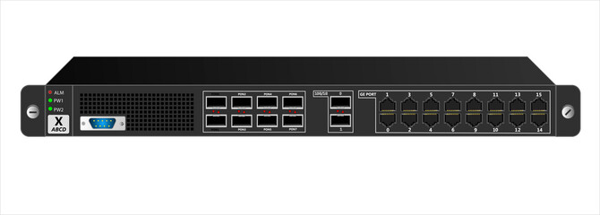 Managed GPON switch in black with 8 PON ports, ethernet ports and two 10G/1G ports. Vector illustration.