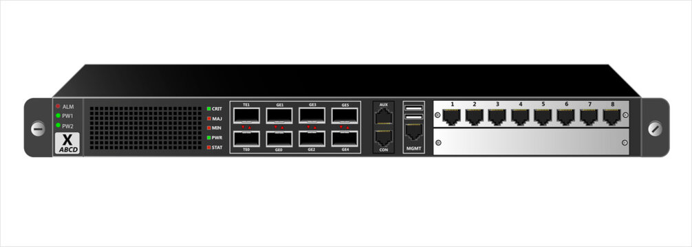 Router IP traffic in black for mounting with a 19 inch rack. Additional module with RG-45 connectors. Designed for carrier-class networks. Vector illustration.