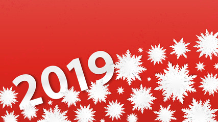 Origami snowflakes. 2019 New Year. Winter holidays card. Grunge background. Happy New Year poster. Christmas. Cutout. 3d paper cut effect.
