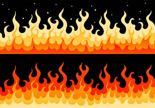 Flat vector wall of fire flame illustration. Two cartoon stylized borders with fire flame with spark and glow in different color schemes with red, yellow and orange colors for flammable safety