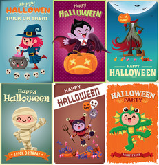 Vintage Halloween poster design with vector vampire, mummy, witch, sea creature, bat, ghost, demon, Jack O Lantern, reaper, monster character. 