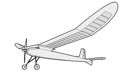 Model glider, ground plan. Beautiful subtle airplane. Balsa wood wings, model hobby. Outlined master vector wire illustration