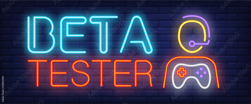 Fototapete beta tester neon text and person with game console. computer games advertisement design. night brigh